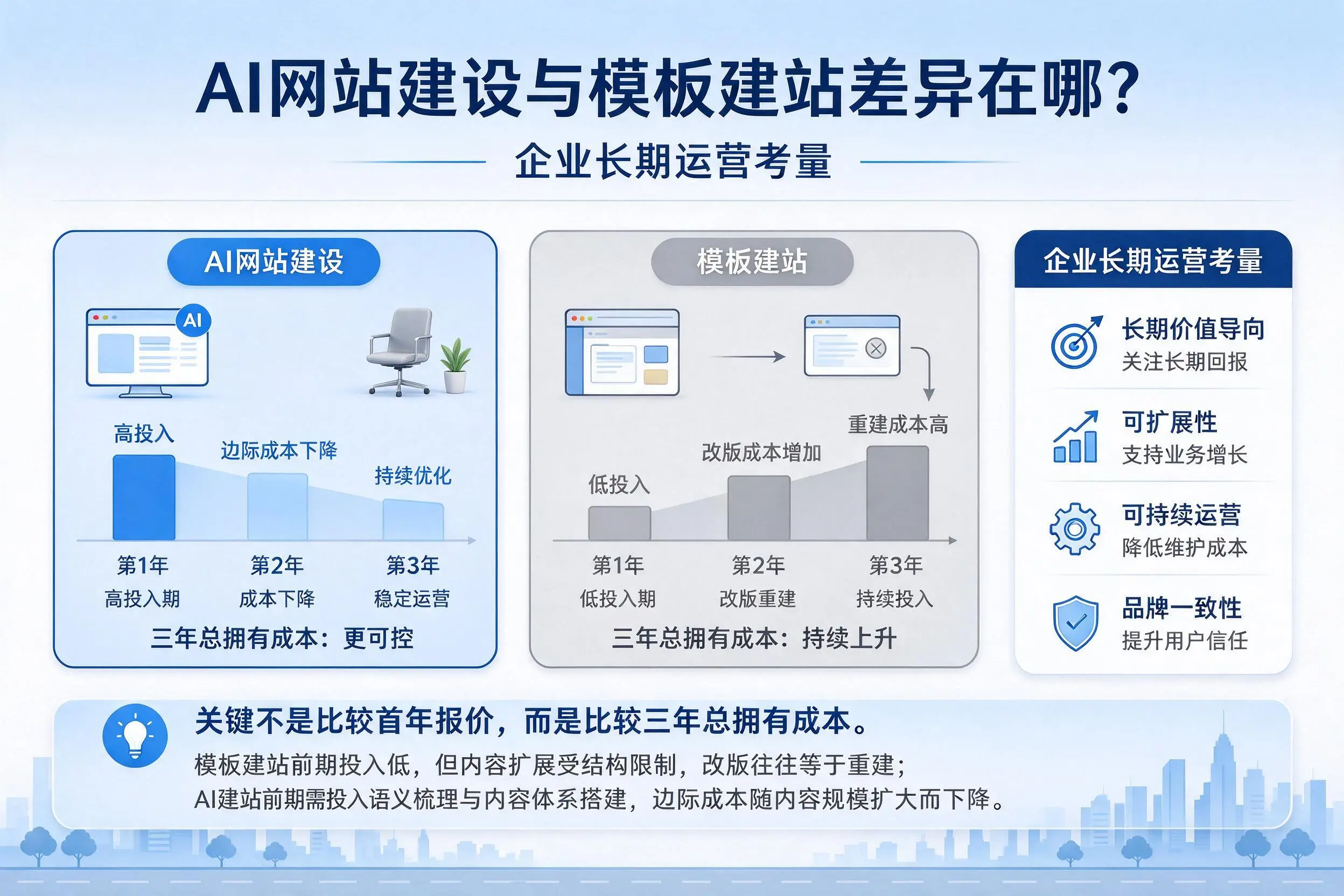AI网站建设与模板建站差异在哪?通化企业长期运营考量